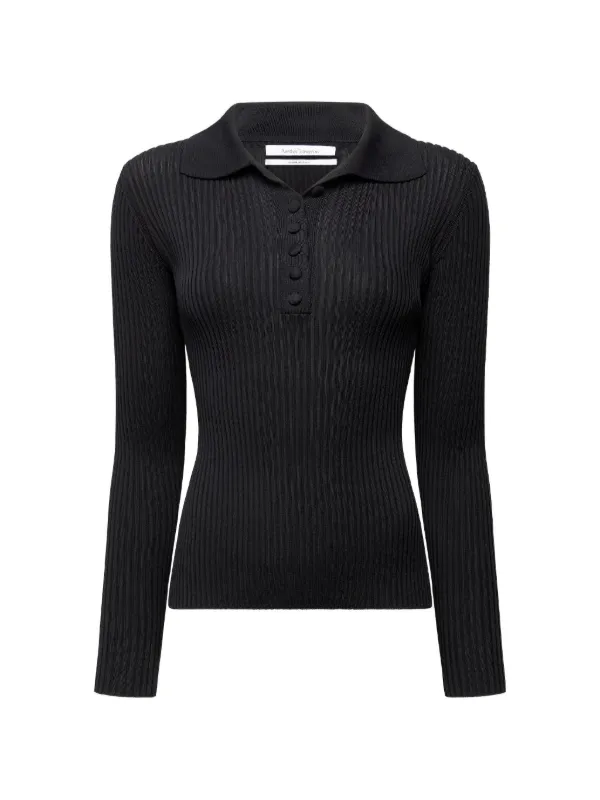 Another Tomorrow Ribbed-knit Polo Top in Black