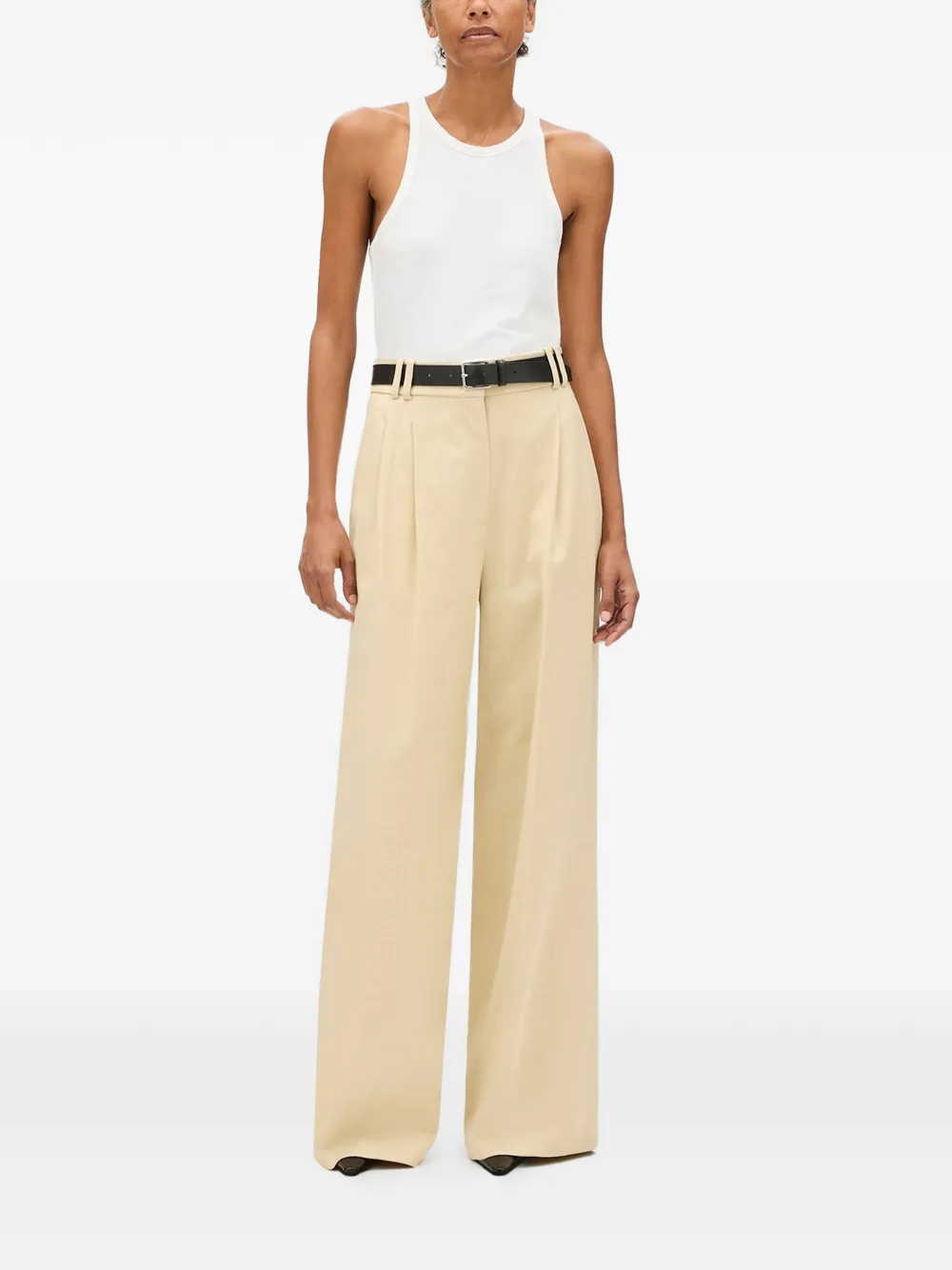 Another Tomorrow High-waisted Pleated Trousers in Neutrals, view 2