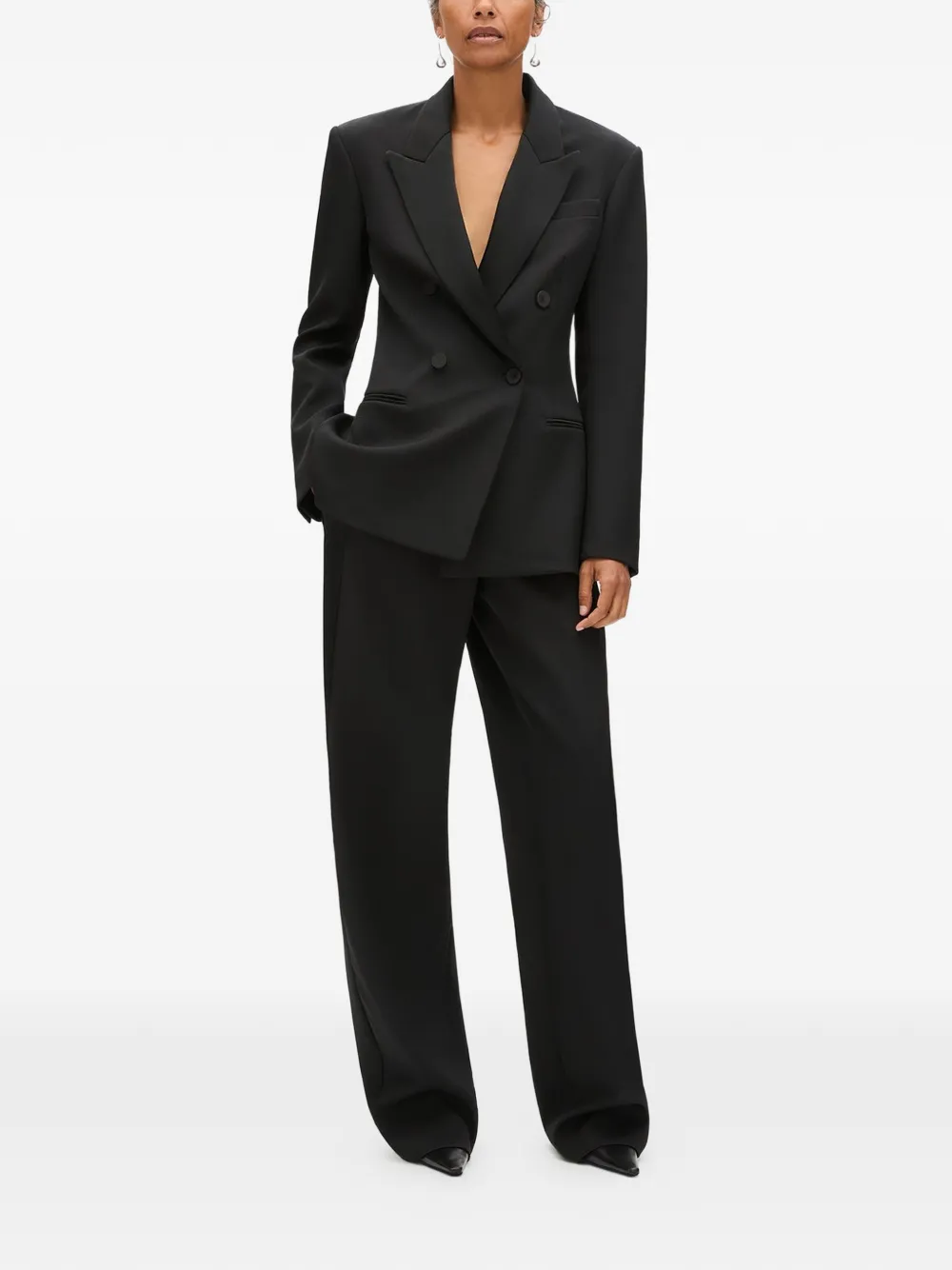 Another Tomorrow Double-breasted Satin-lapel Jacket in Black, view 3