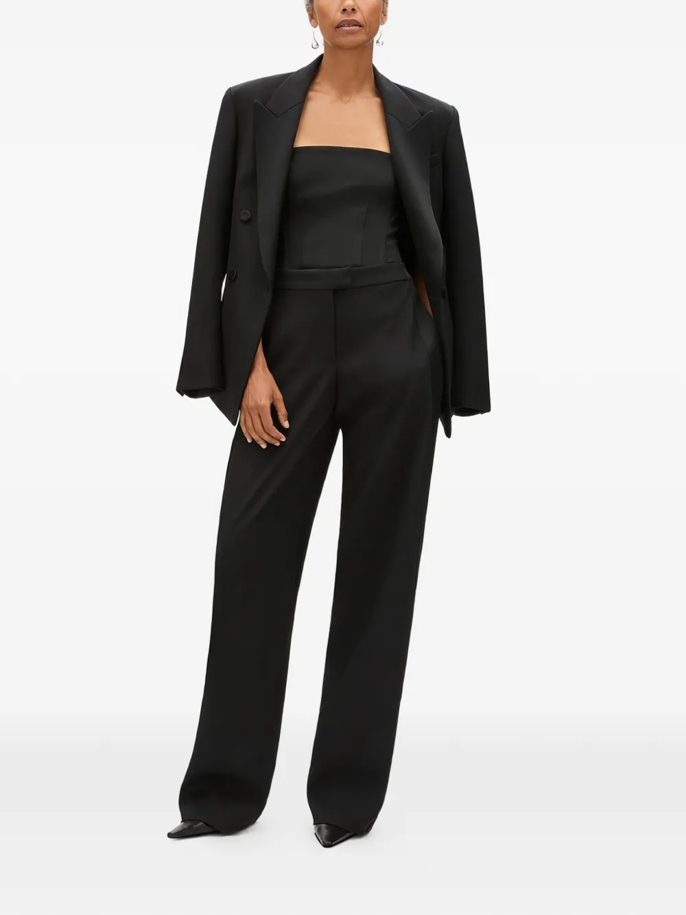 Another Tomorrow Double-breasted Satin-lapel Jacket in Black, view 2