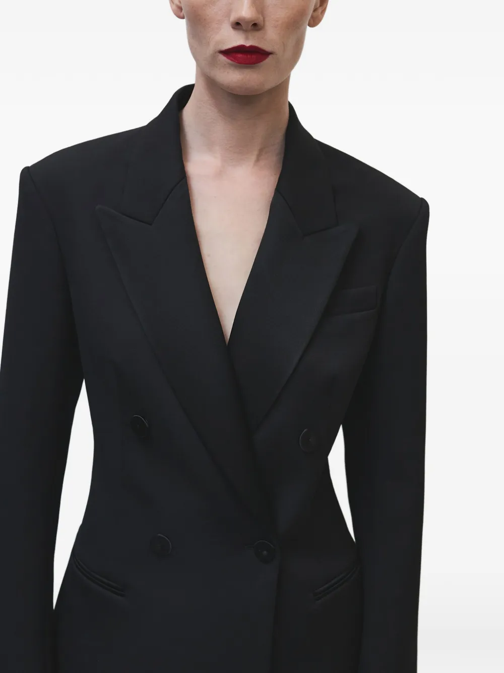 Another Tomorrow Double-breasted Satin-lapel Jacket in Black, view 5