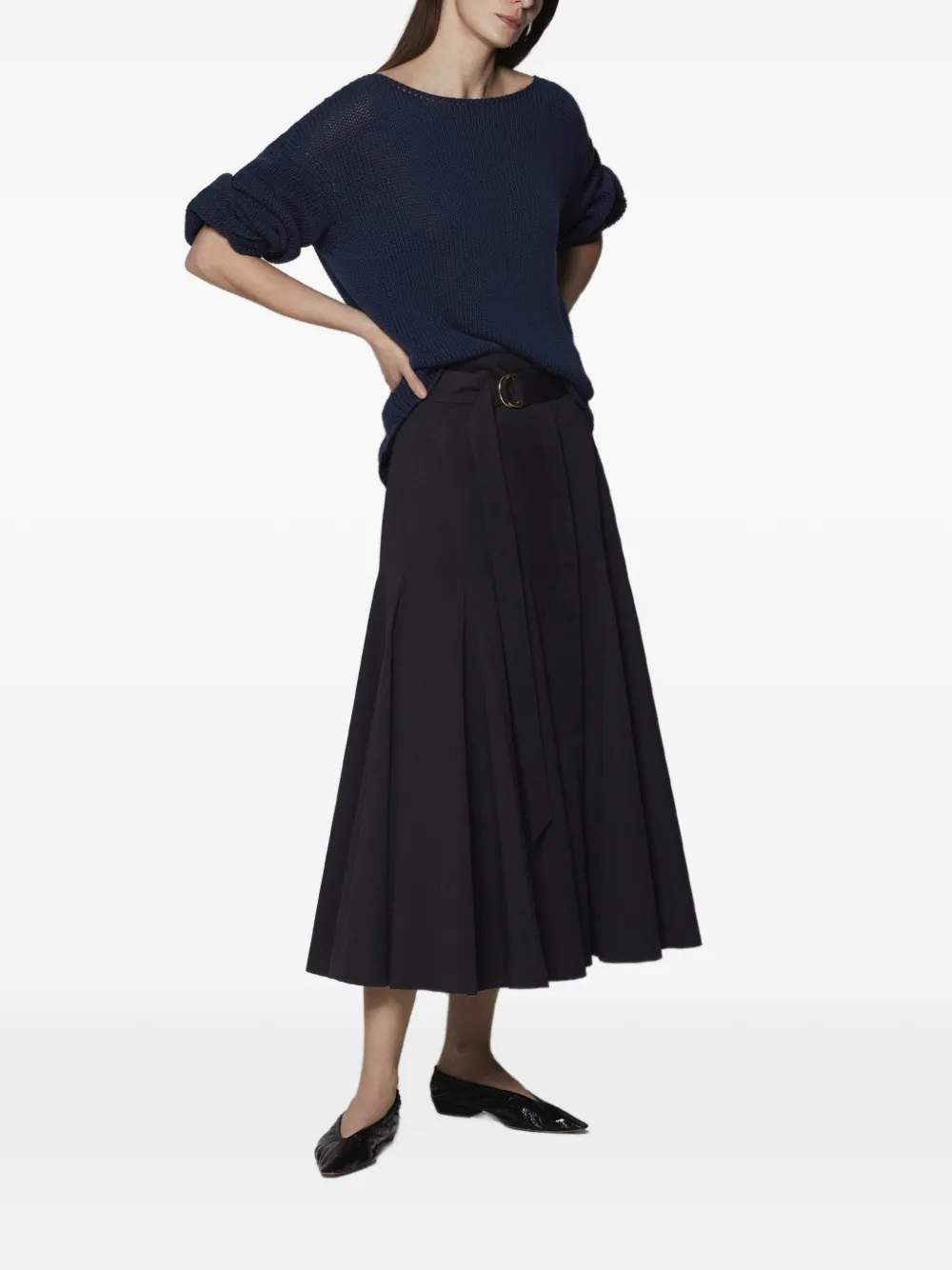Another Tomorrow Draped-knit Cotton Sweater in Blue, view 2