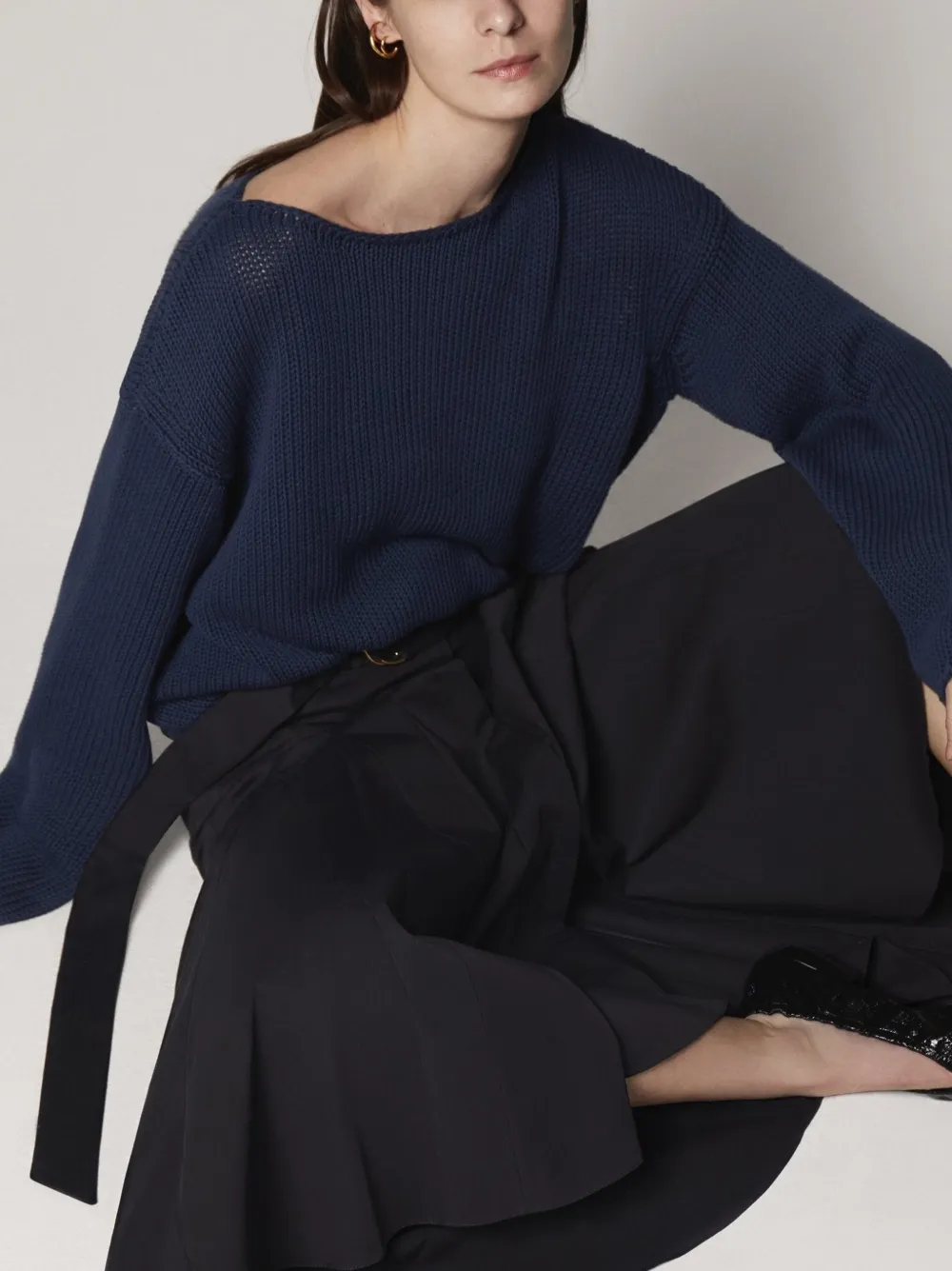 Another Tomorrow Draped-knit Cotton Sweater in Blue, view 5