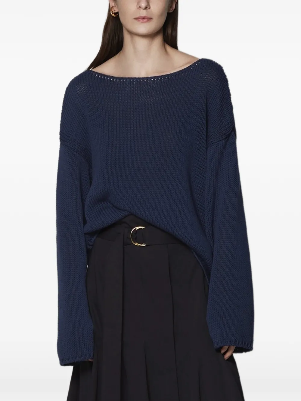 Another Tomorrow Draped-knit Cotton Sweater in Blue, view 3