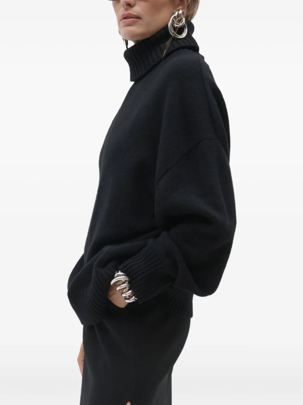 Another Tomorrow Ribbed-trim Turtleneck Sweater in Black, view 5