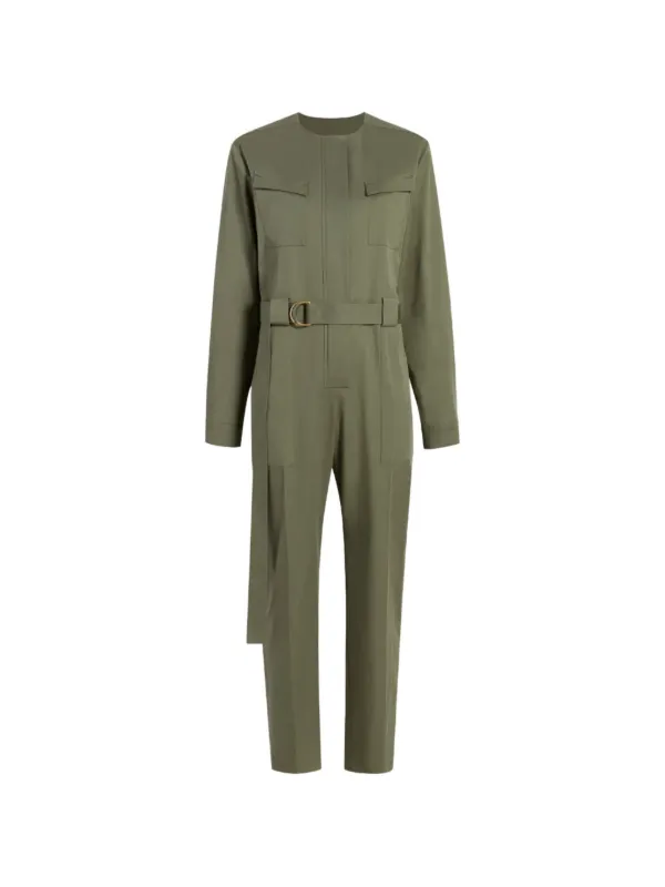 Another Tomorrow Belted Collarless Jumpsuit in Green