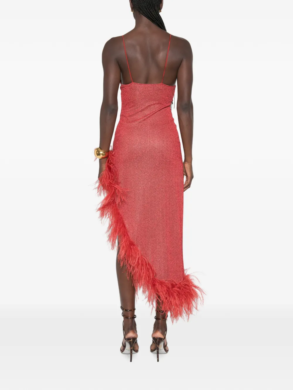 Oséree Lumière Plumage asymmetrische jurk met veren afwerking Rood