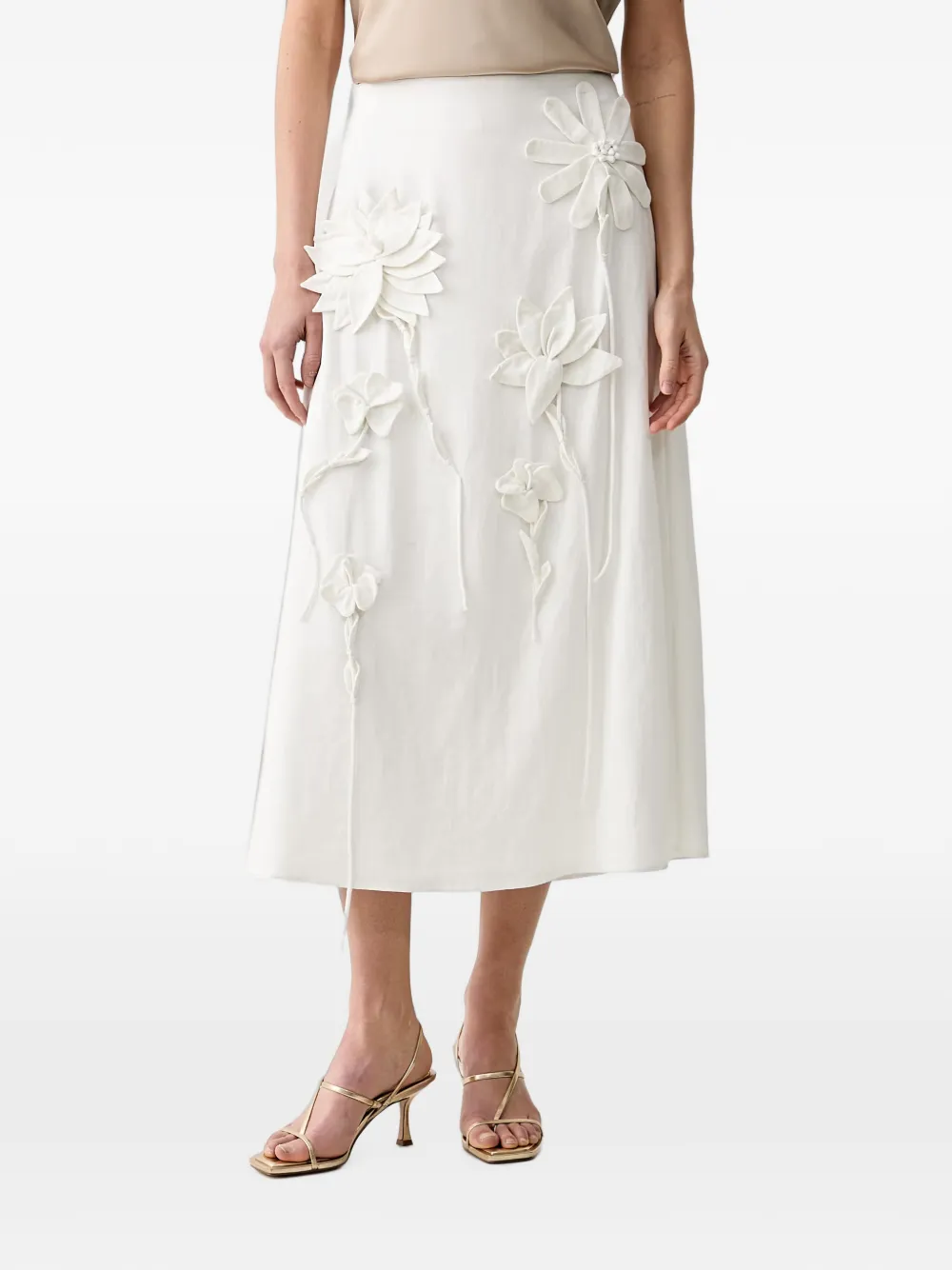FARM Rio floral-appliqué A-line midi skirt - Bianco