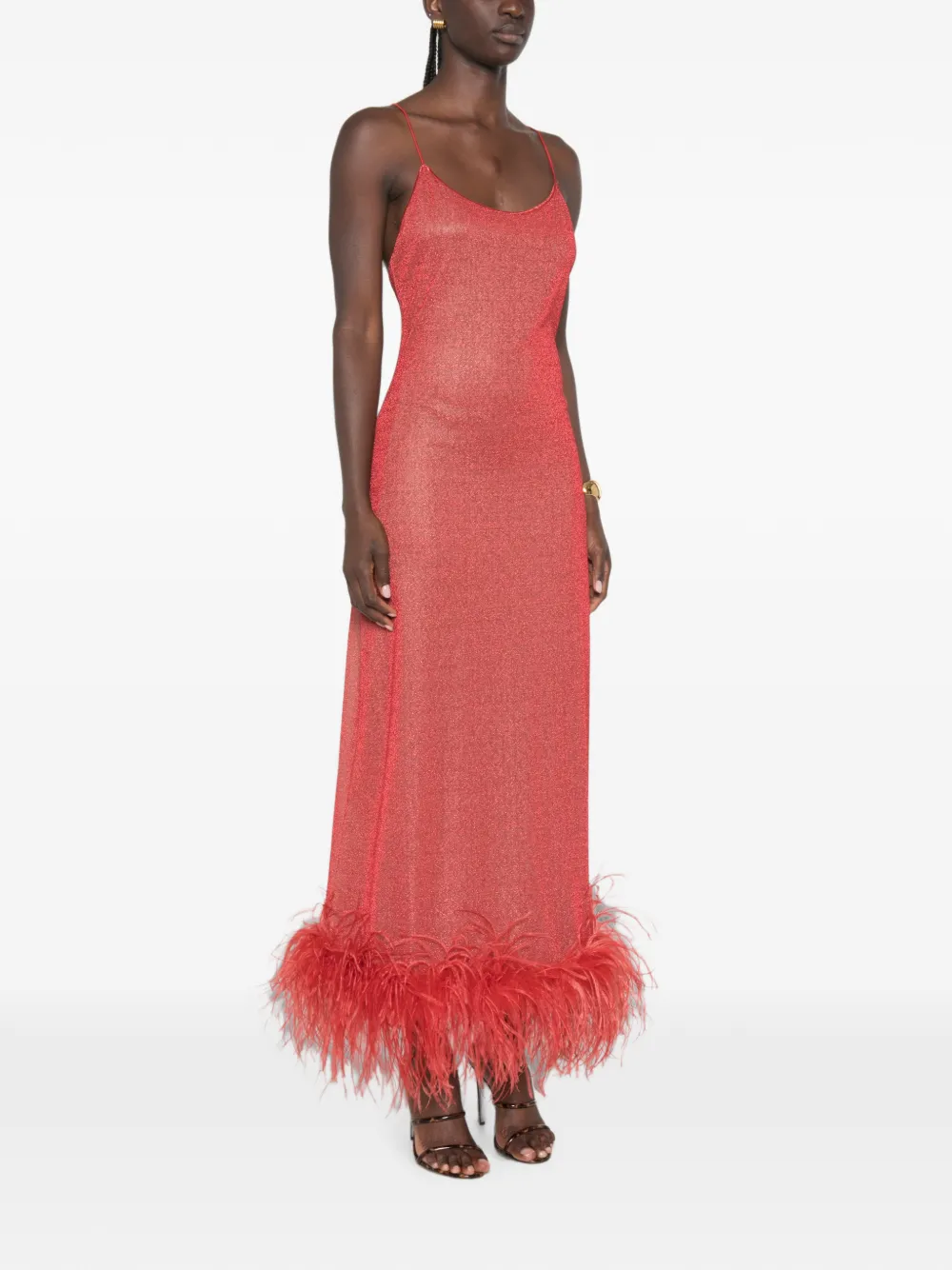 Oséree Lumière Plumage jurk met veren afwerking Rood