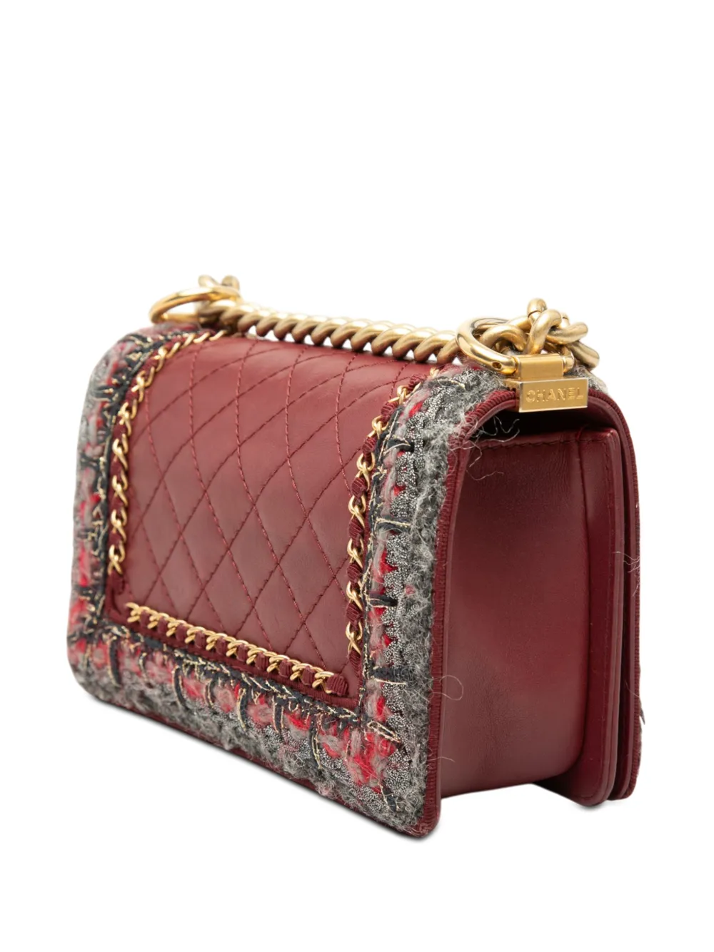  Chanel Pre-owned 2016-2017 Small Quilted Lambskin And Braided Tweed Jacket Boy Flap Crossbody Bag - Rouge 