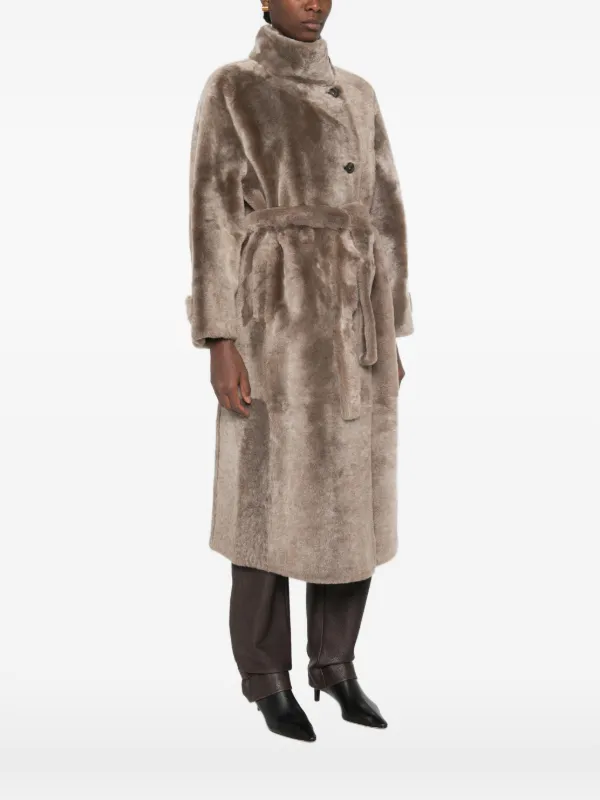 Brunello Cucinelli Shearling Coat With Belt And Monili | Neutrals