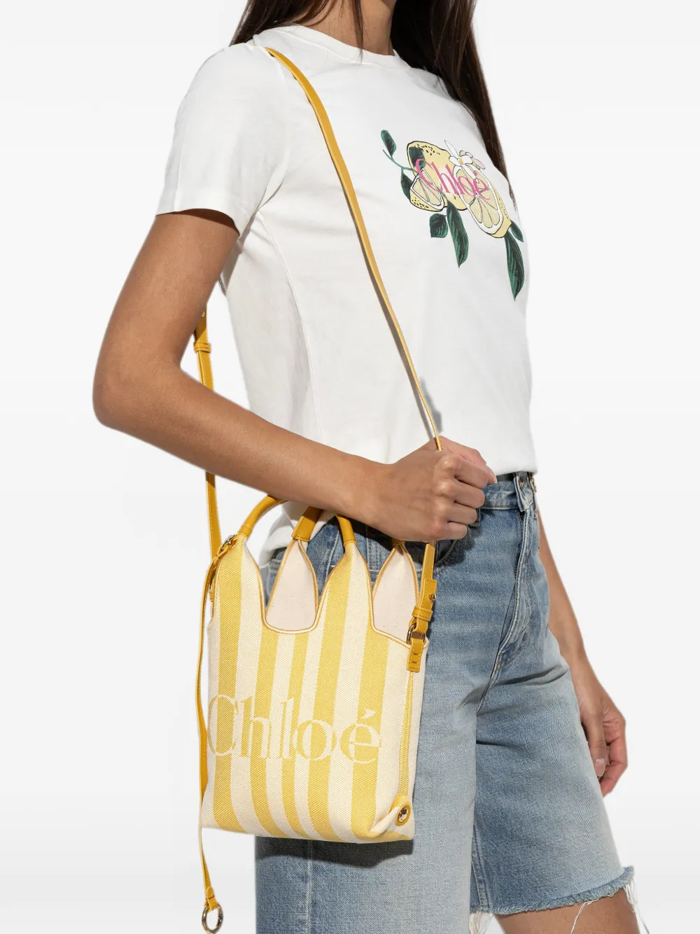 Chloé Gestreepte mini-shopper Geel
