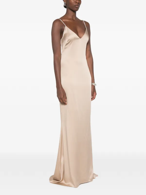 TOM FORD Crystal Chain Embroidery Satin Sleeveless Evening Dress With Open Back | Neutrals