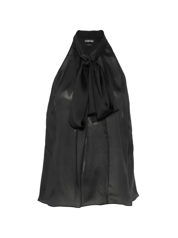 Tom Ford TF Monogram Silk Chiffon Halterneck Lavallier Top with Open Back in Black
