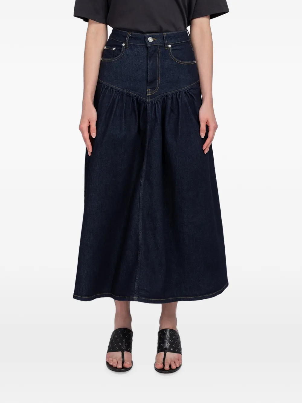 GANNI mid gathered denim skirt - Blau