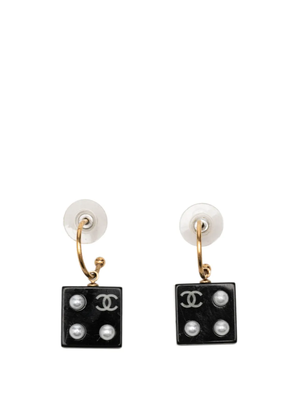 CHANEL Pre-Owned 2003 CC Gold Plated Resin and Faux Pearl Dice Drop Push Back Earrings costume earrings - Nero