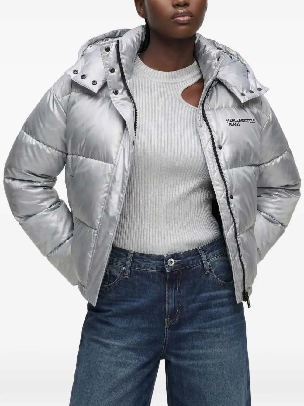 Karl Lagerfeld Jeans Donsjack met metallic-effect en capuchon Zilver