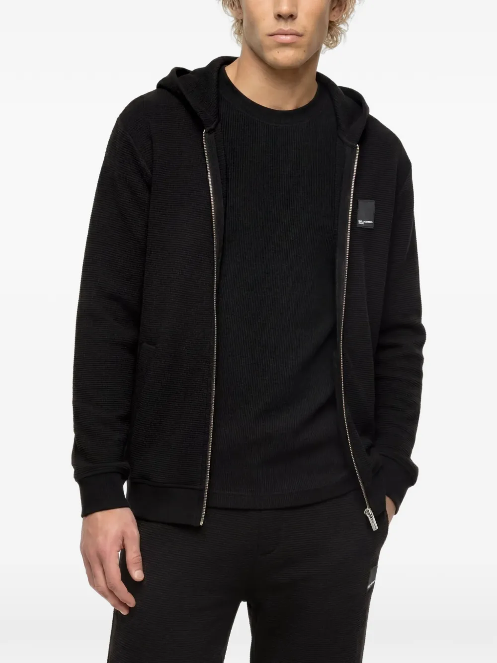 Karl Lagerfeld Jeans Hoodie met rits en wafel-patroon Zwart