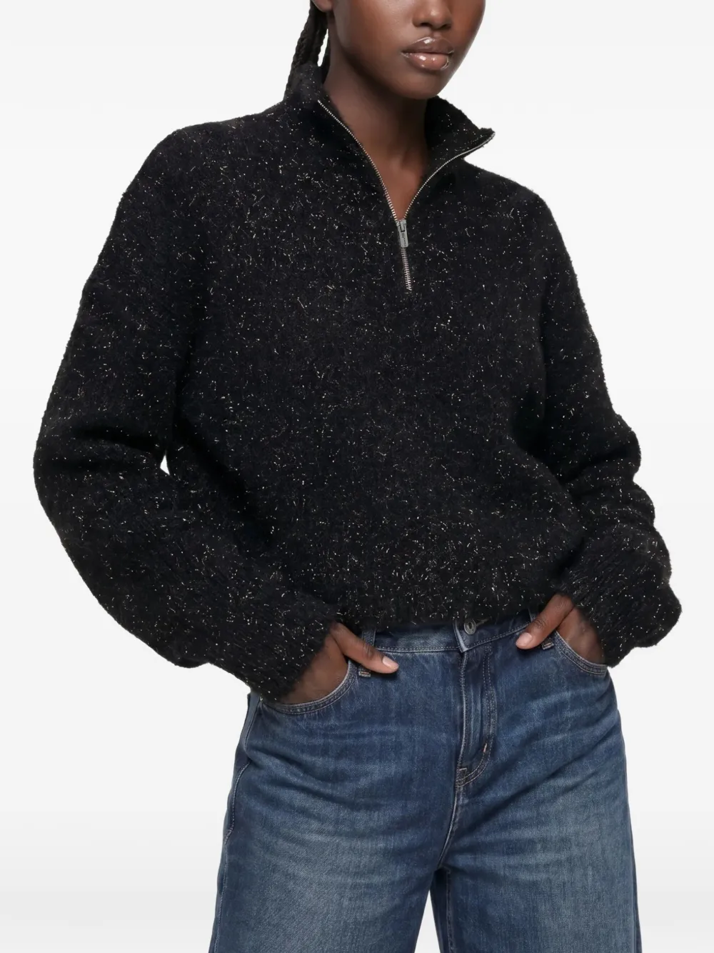Karl Lagerfeld Jeans Fluffy gebreide trui met halve rits Zwart