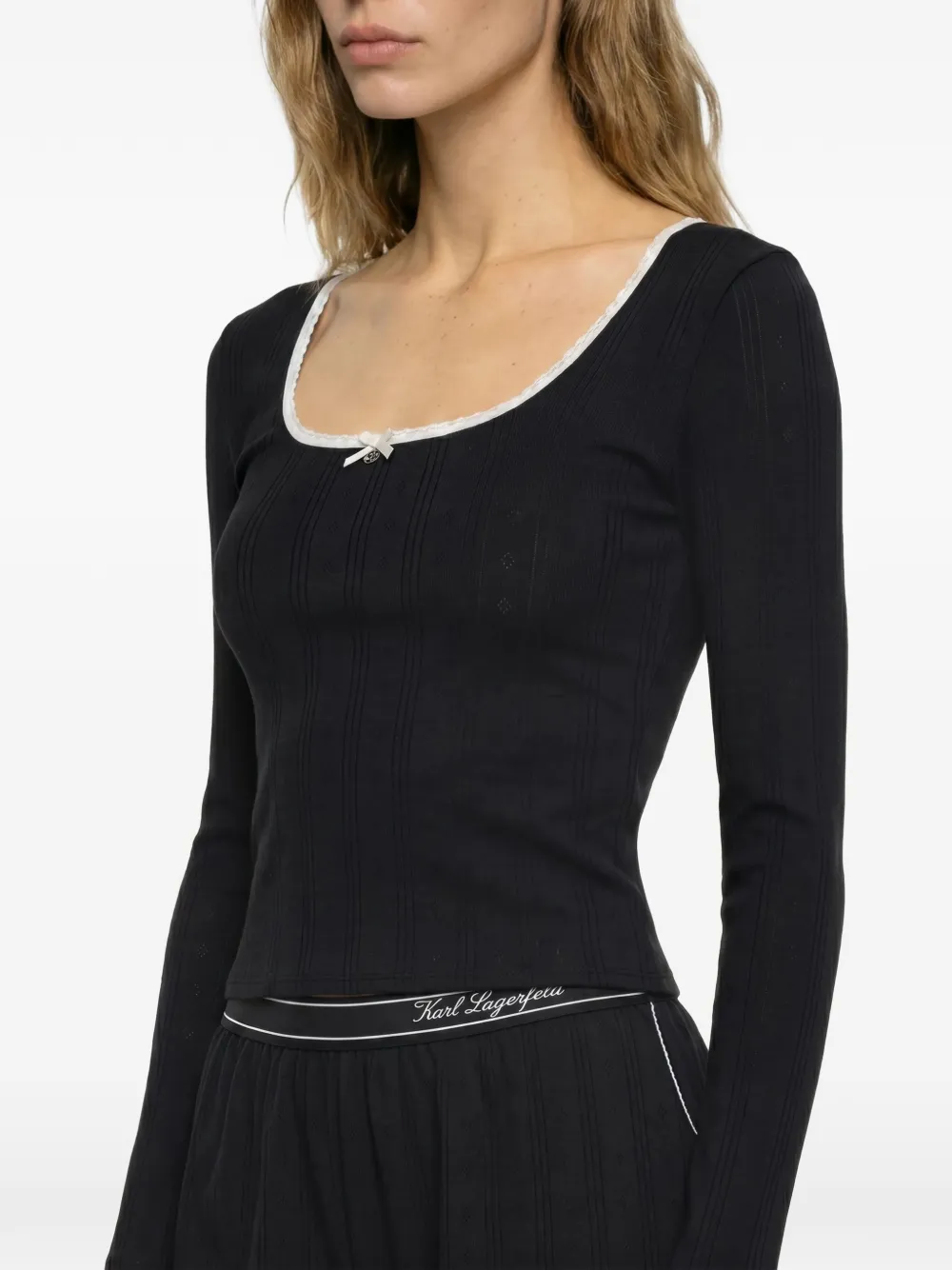 Karl Lagerfeld Pointelle pyjama met kanten afwerking Zwart