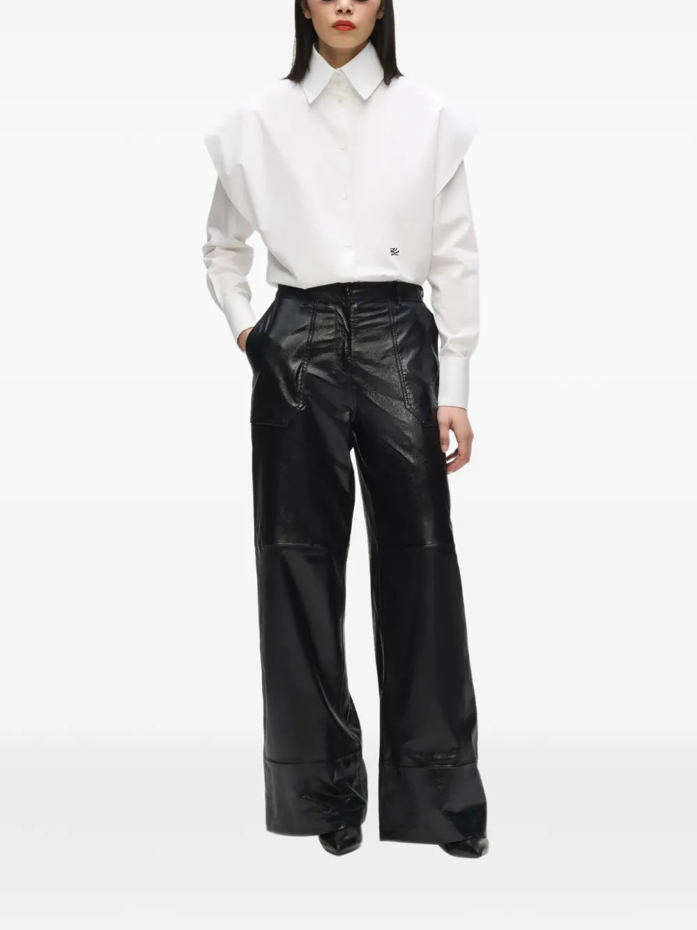 Karl Lagerfeld Leren broek met wijde pijpen Zwart