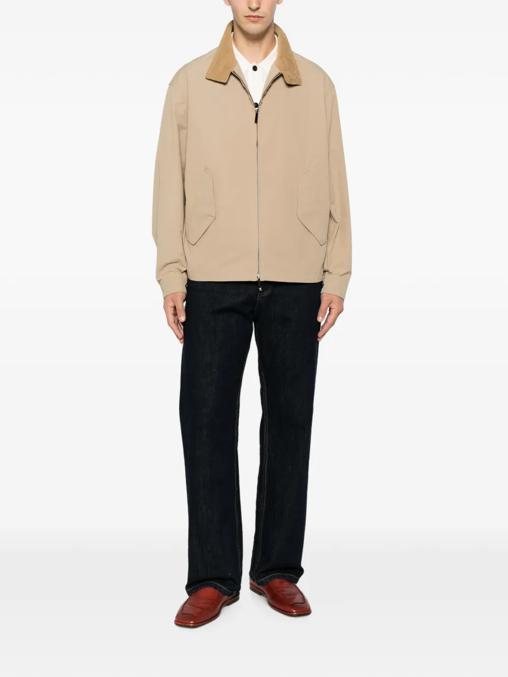 Emporio Armani Bomberjack met ribfluwelen kraag en rits Beige