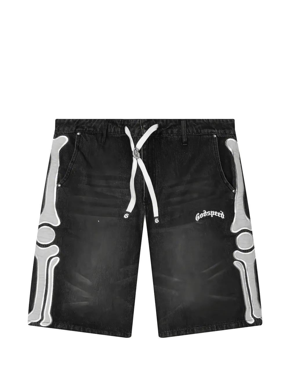 GODSPEED Femur skeleton-appliqué denim shorts - Schwarz