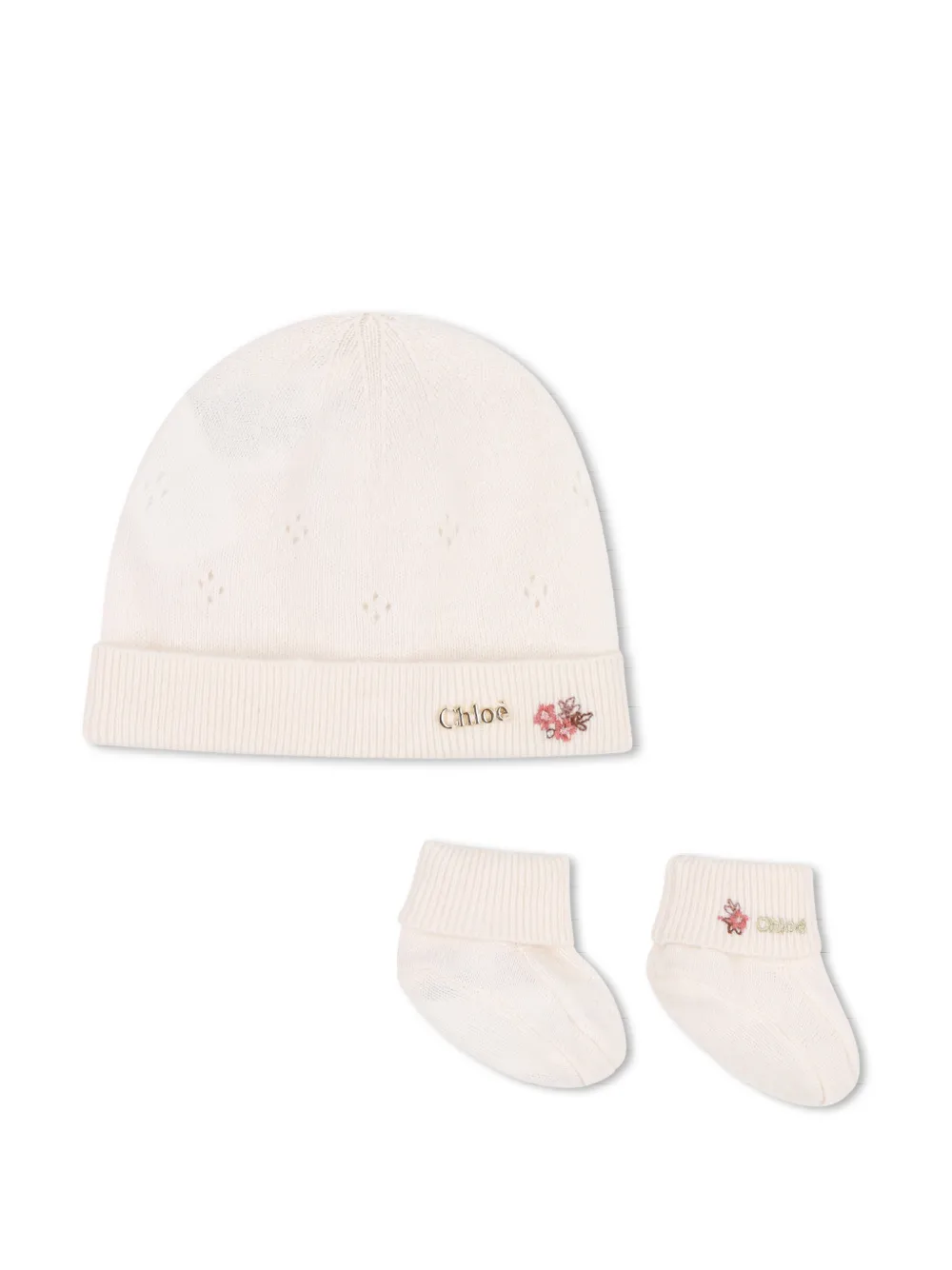 Chloé Kids ensemble bonnet-bottines à plaque logo et broderies florales - Tons neutres Chloé Kids ensemble bonnet-bottines à plaque logo et broderies florales - Tons neutres