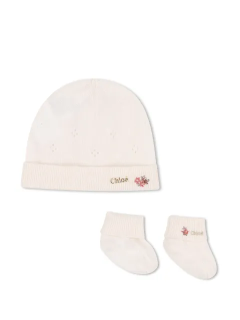 Chloé Kids floral-embroidered knitted wool beanie and slippers set