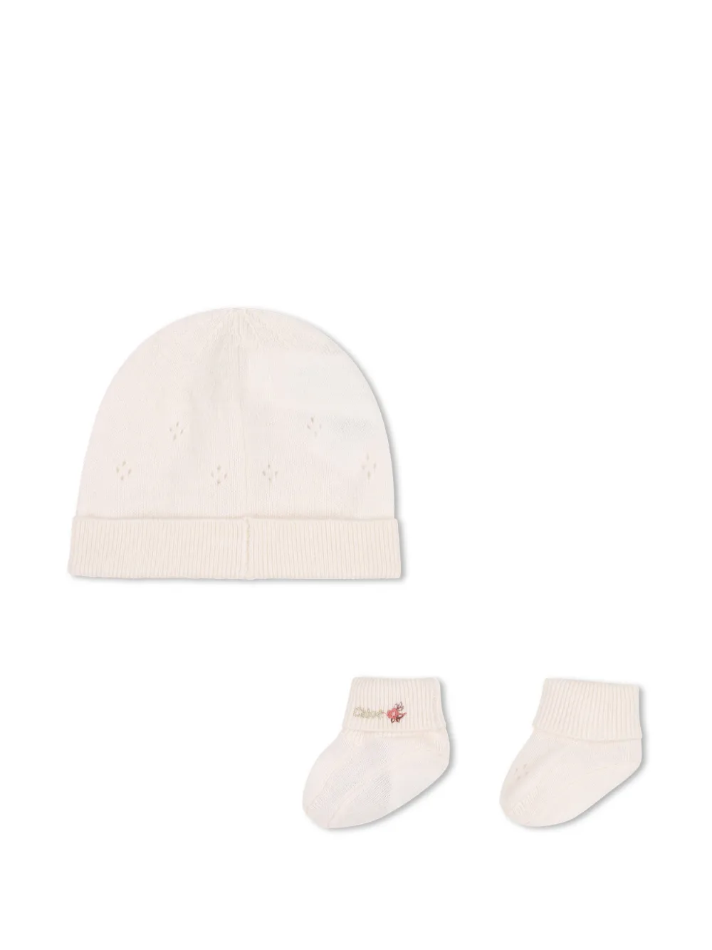 Chloé Kids Set met muts en babyschoentjes met geborduurde bloemen en logo-plakkaat Beige