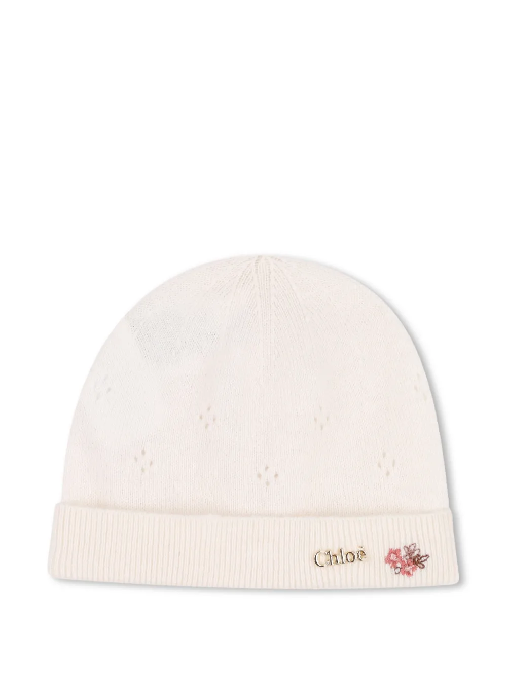 Chloé Kids Set met muts en babyschoentjes met geborduurde bloemen en logo-plakkaat Beige