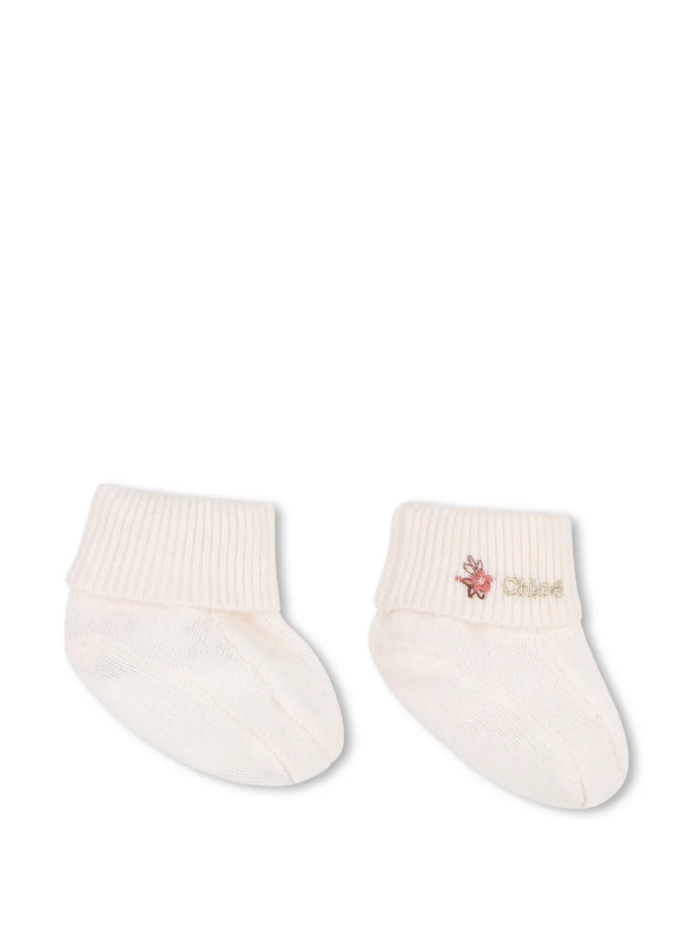 Chloé Kids Set met muts en babyschoentjes met geborduurde bloemen en logo-plakkaat Beige