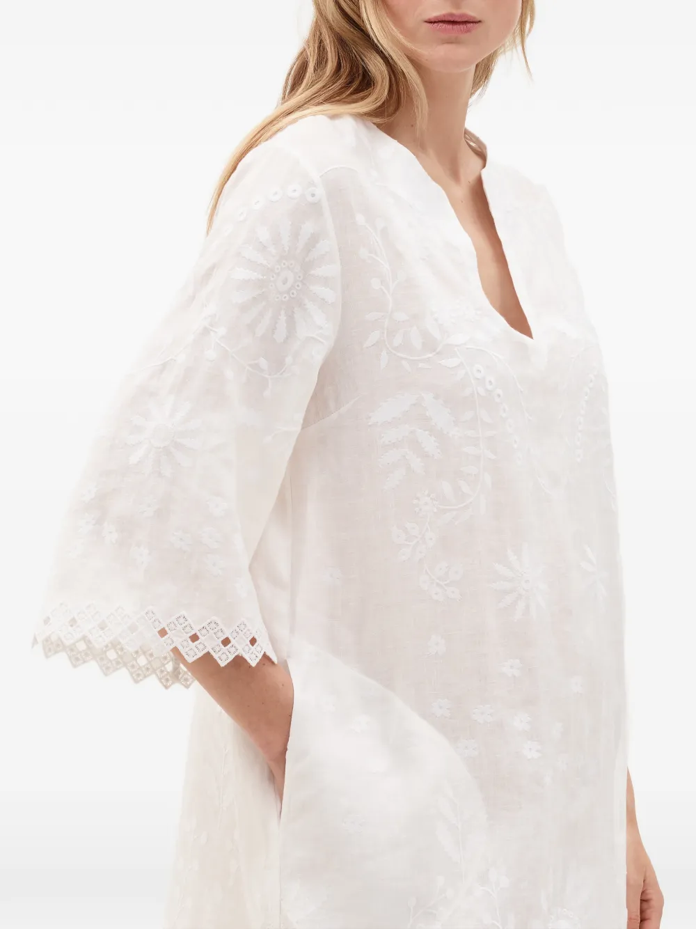 ERES Aigue-marine Embroidered Linen Mini Dress in White, view 4