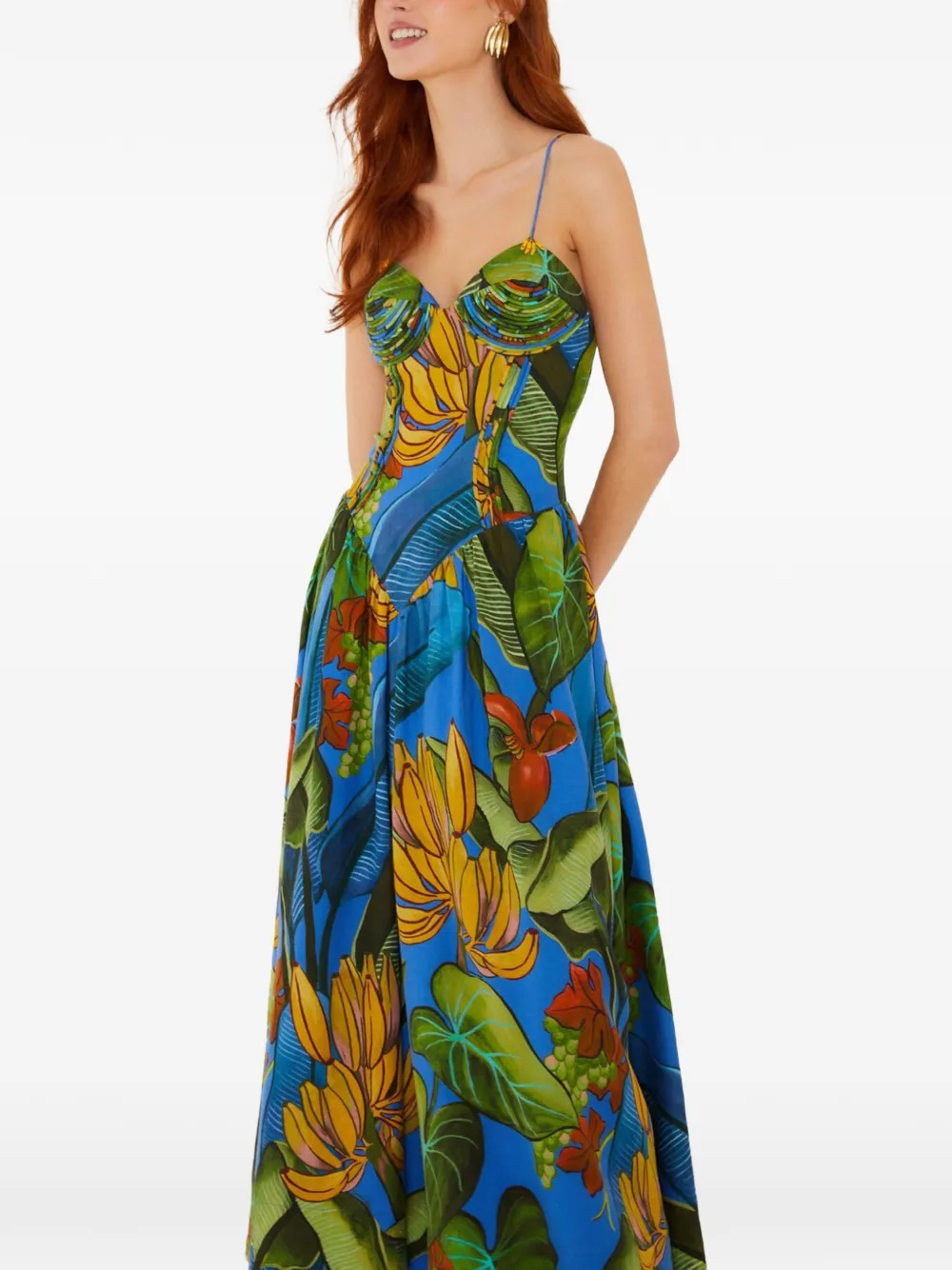 FARM Rio blue banana grapes 3d bodice sleeveless maxi dress