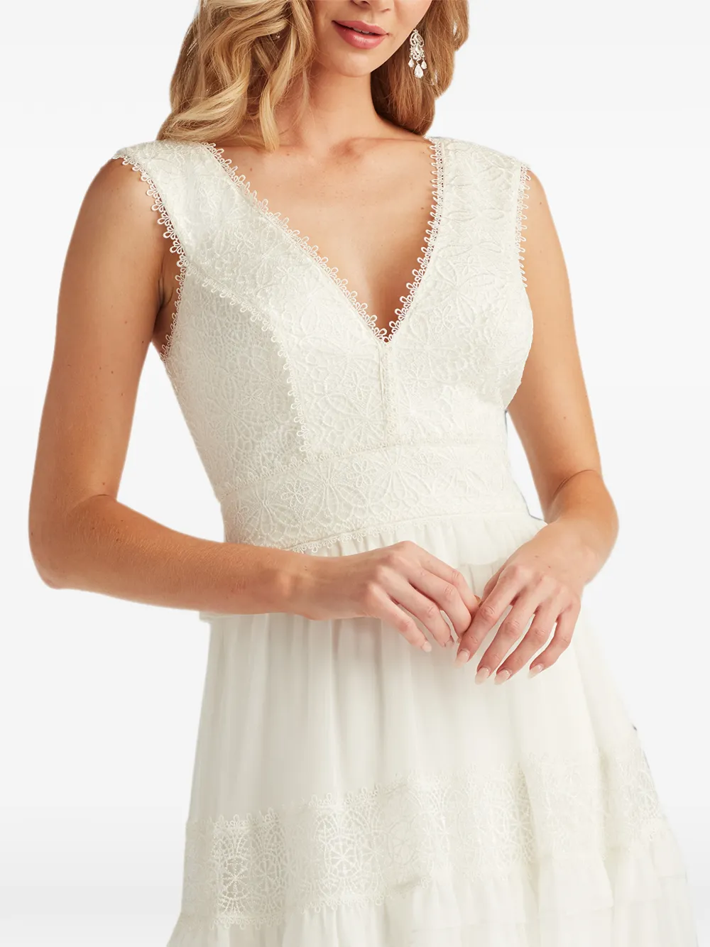 Tadashi Shoji Shiva gelaagde maxi-jurk met kanten vlakken Beige