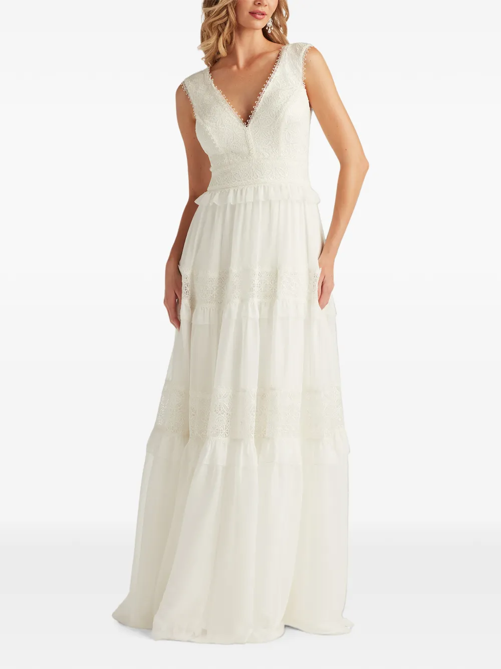 Tadashi Shoji Shiva gelaagde maxi-jurk met kanten vlakken Beige