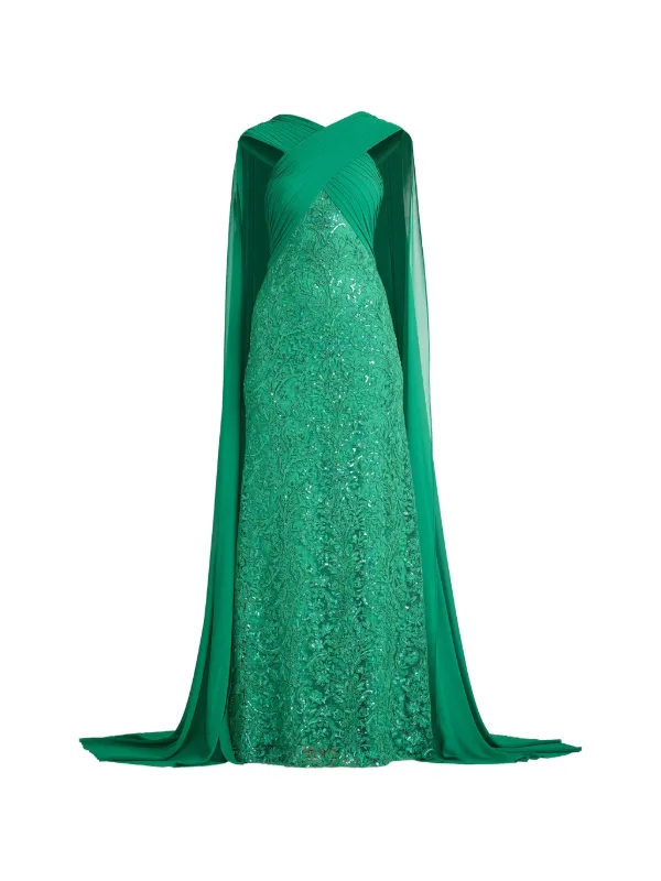 tadashi green dress Tadashi Shoji Women's Parello Lotus-Embroidered Tulle Gown - Emerald