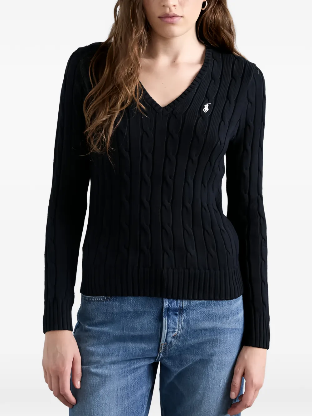 Polo Ralph Lauren Kabelgebreide trui met V-hals Zwart