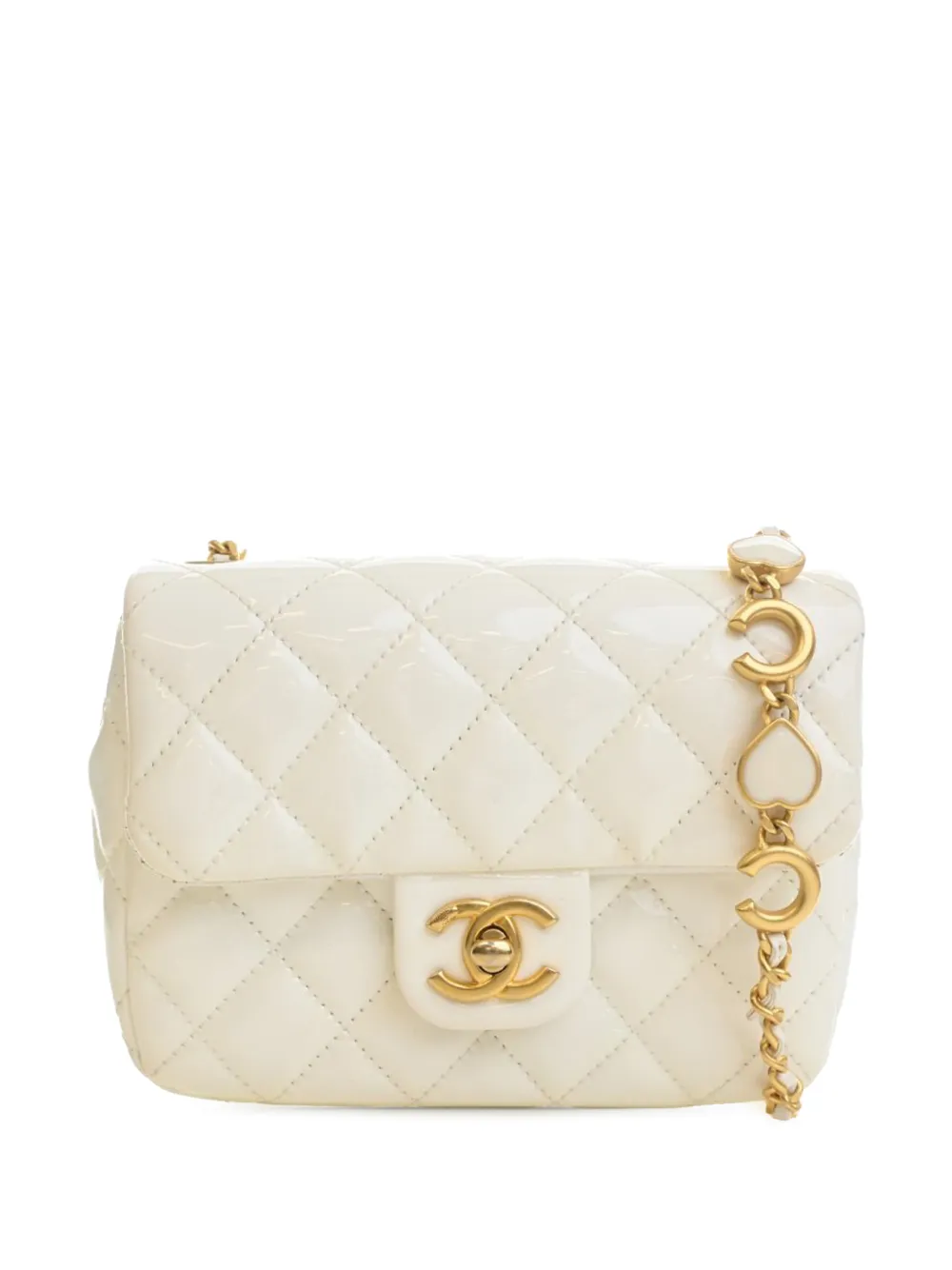 CHANEL Pre-Owned 2021-2026 Mini Square Classic Patent Enamel Coco Hearts Single Flap crossbody bag - Bianco