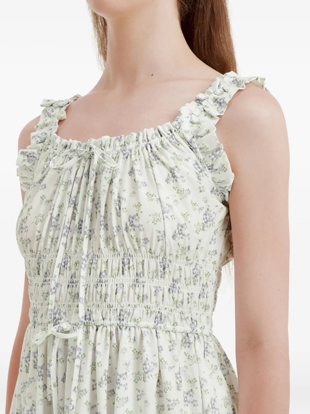 b+ab Jurk met bloemenprint en ruches Wit