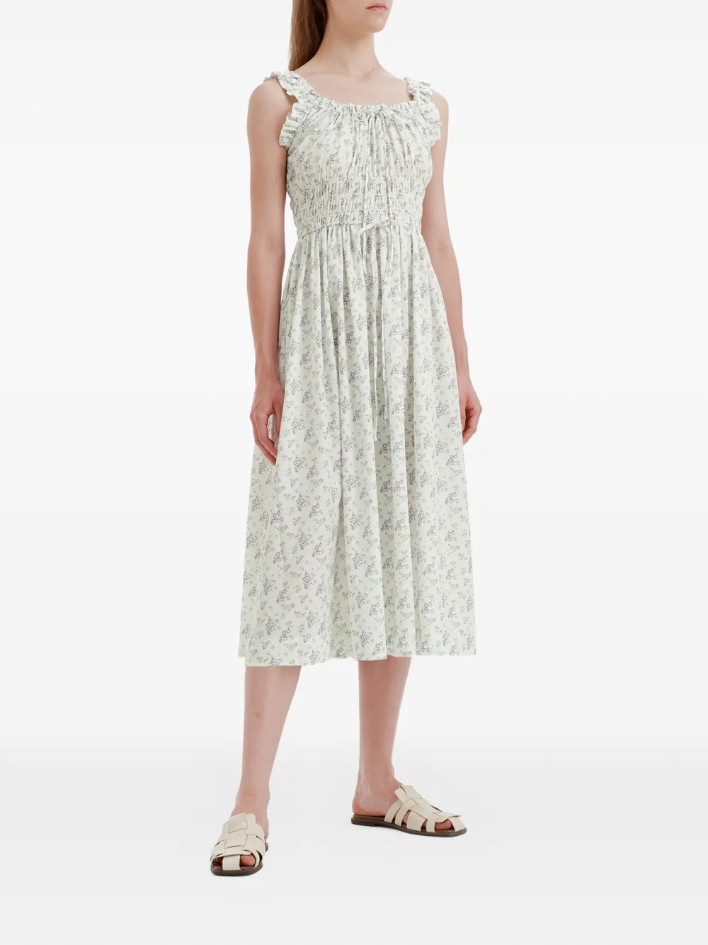 b+ab Jurk met bloemenprint en ruches Wit