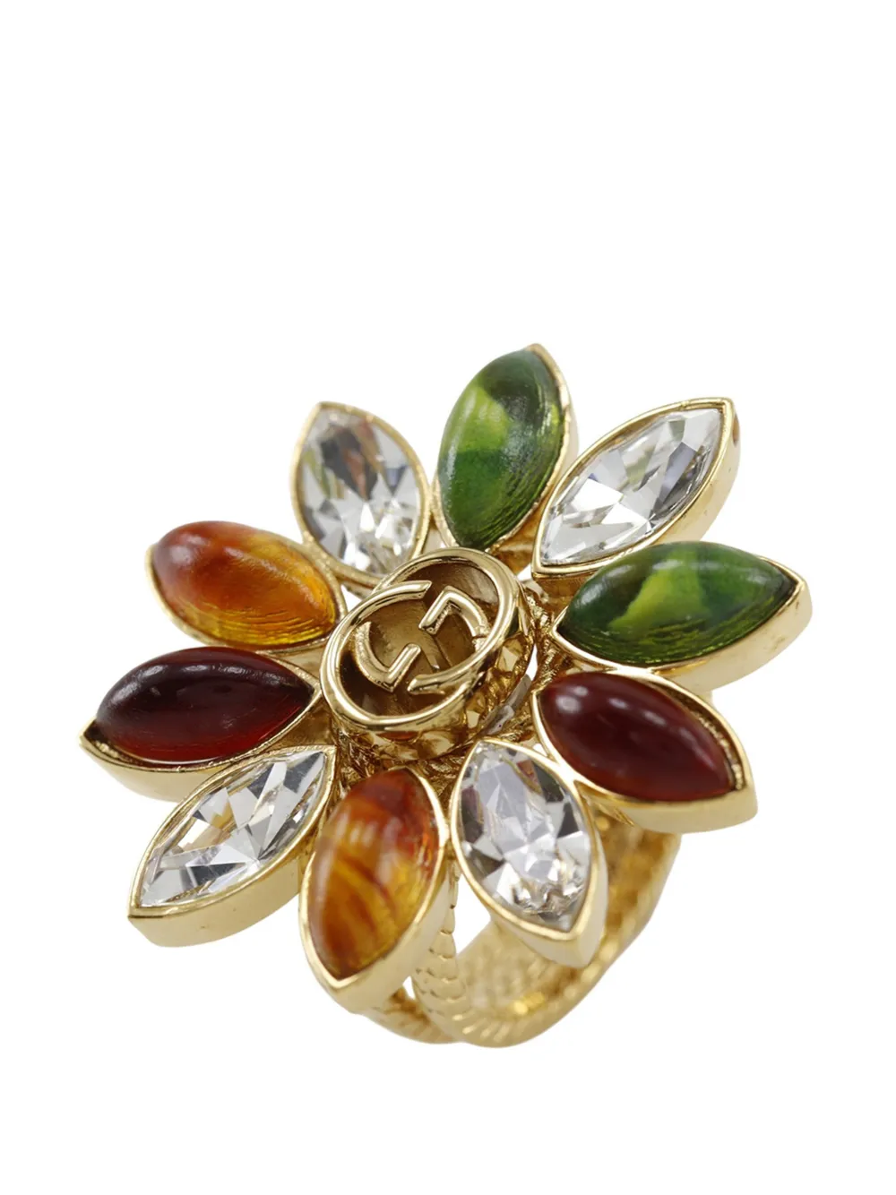  Gucci Pre-owned Anillo Interlocking G Floral Bañado En Oro Con Apliques De Strass 2000-2026 - Dorado 