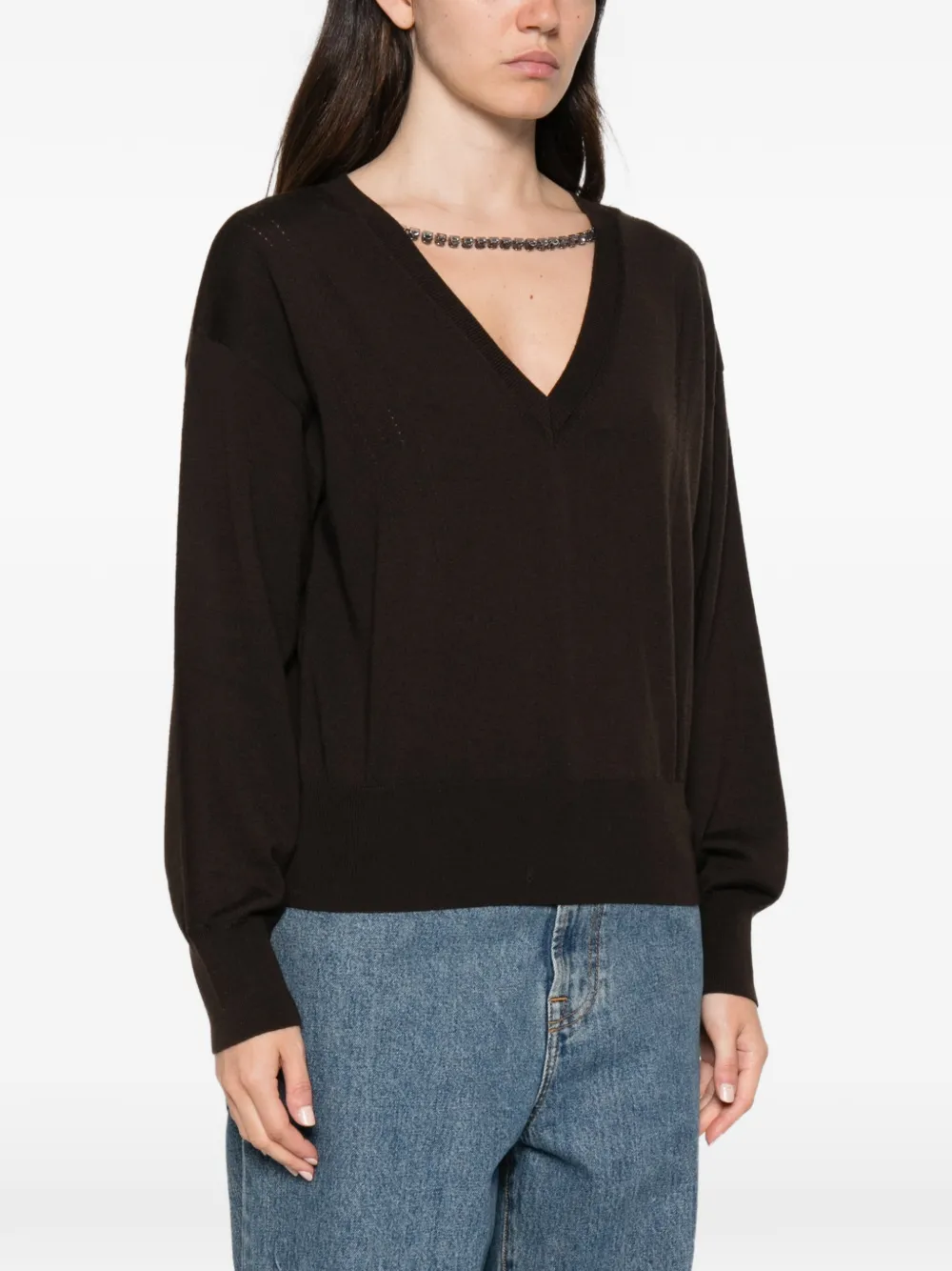 LIU JO crystal-embellished V-neck sweater Bruin