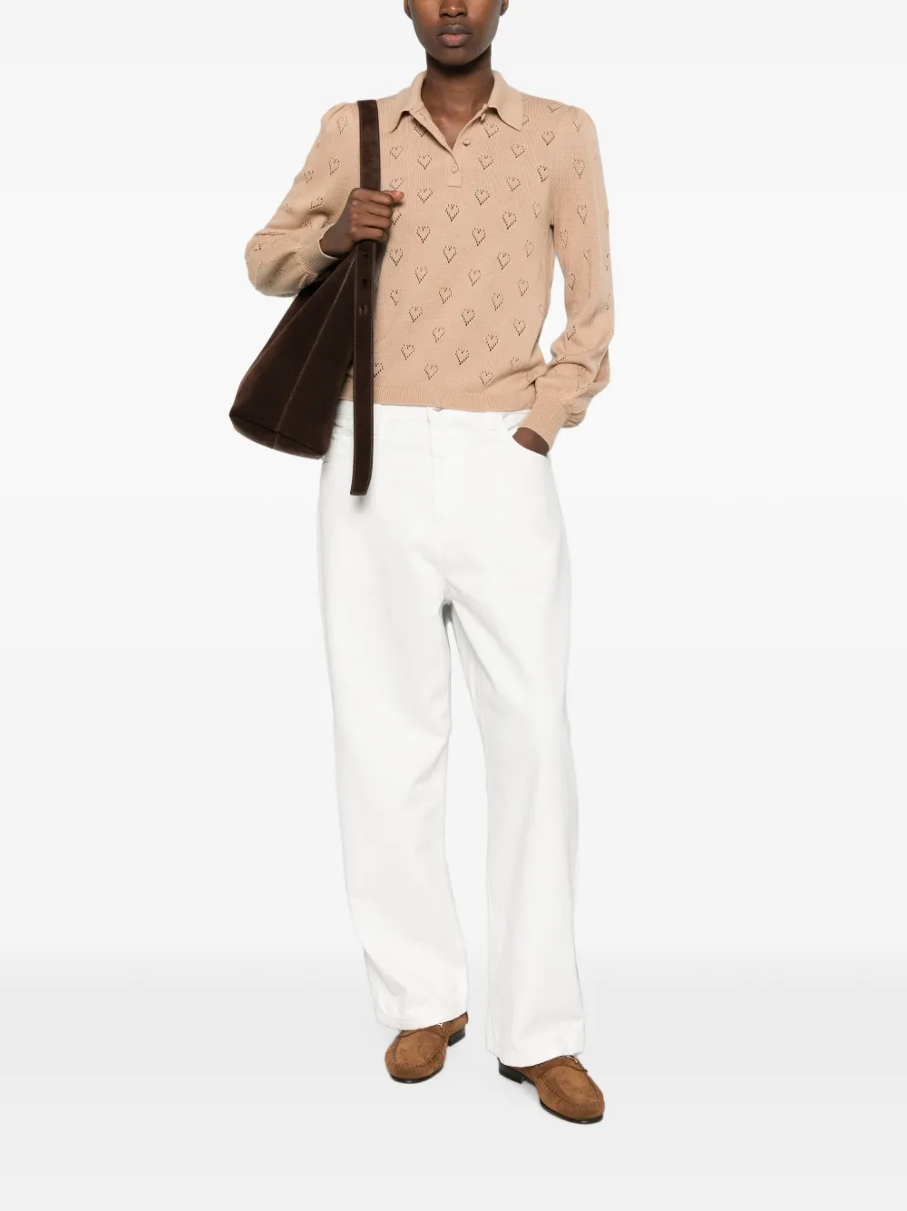 TWINSET Pointelle gebreid poloshirt met knopen Beige