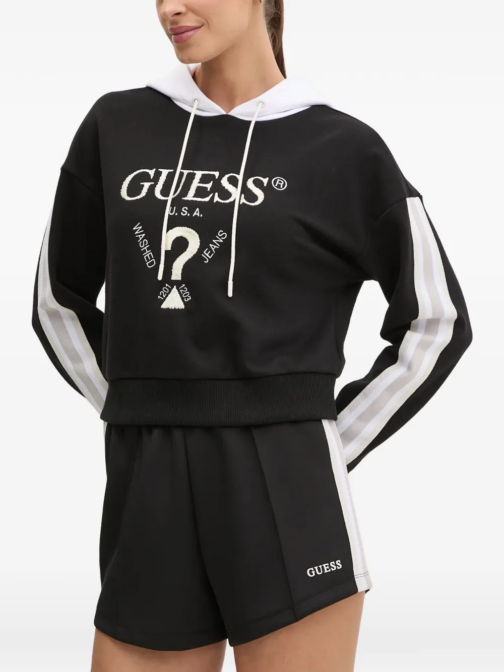 GUESS USA logo-embroidered striped-sleeve hoodie - Nero