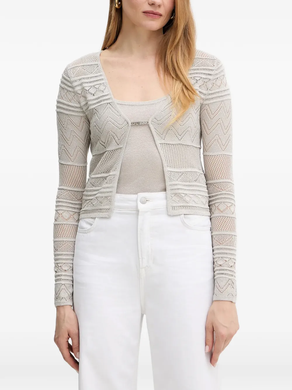 GUESS USA pointelle-knit logo-plaque cardigan - Grigio