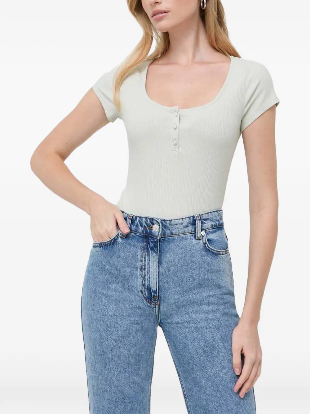 GUESS USA Geripptes T-Shirt mit Kristallen - Grün