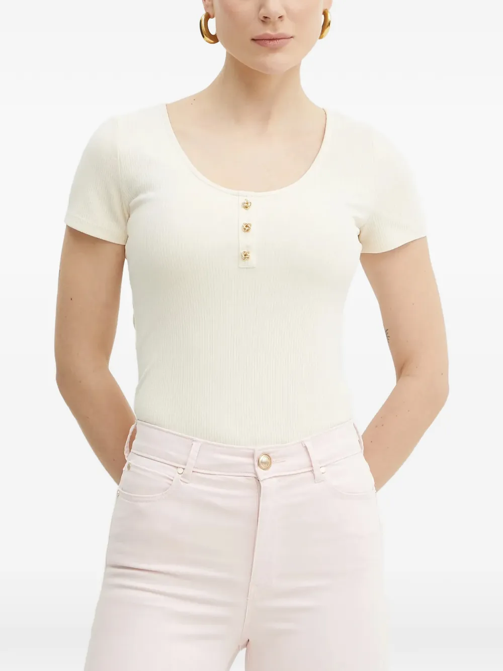 GUESS USA Karina ribbed decorative-button T-shirt - Toni neutri