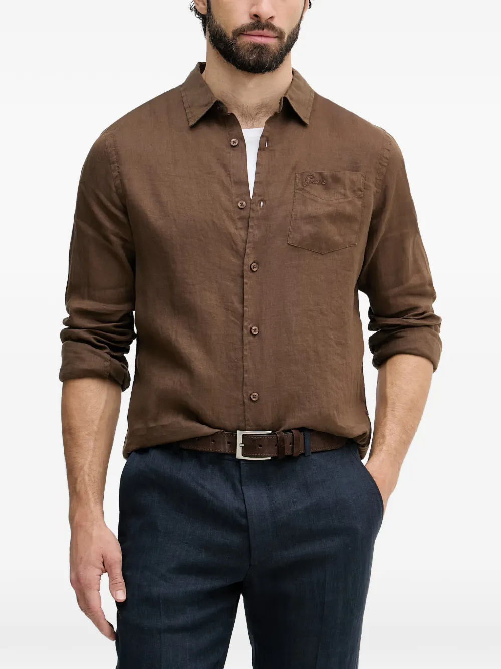 GUESS USA logo-embroidered chest-pocket shirt - Marrone