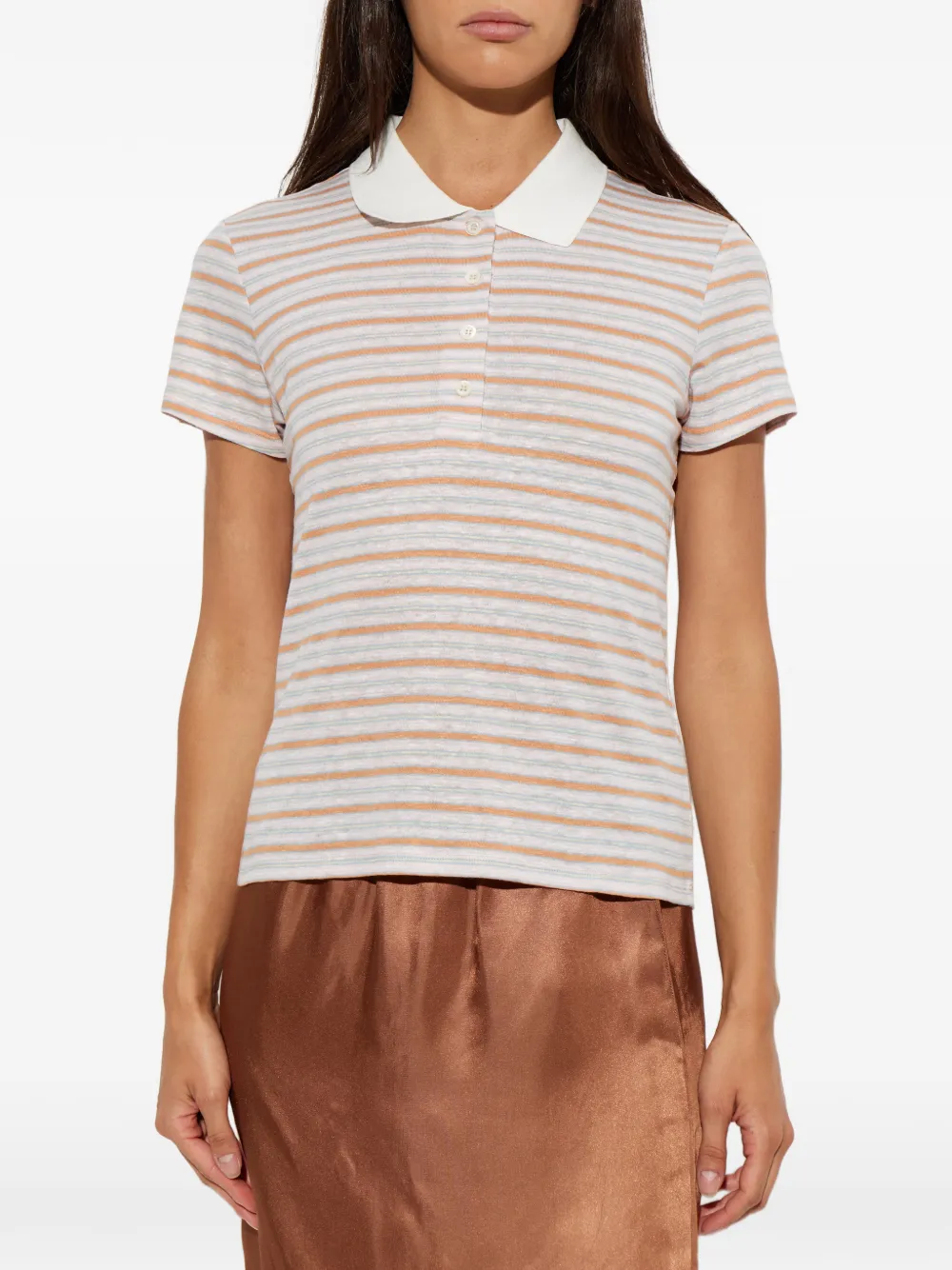 FRAME Striped Short-sleeve Polo Shirt in Neutrals, view 3